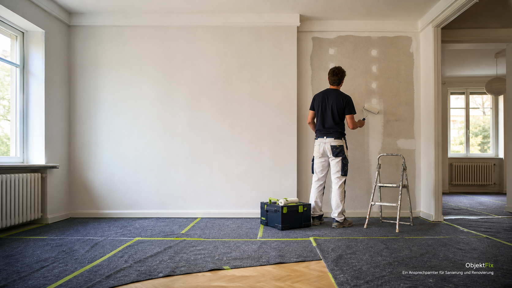Maler von hinten bei der Renovierung desselben hellen Raums